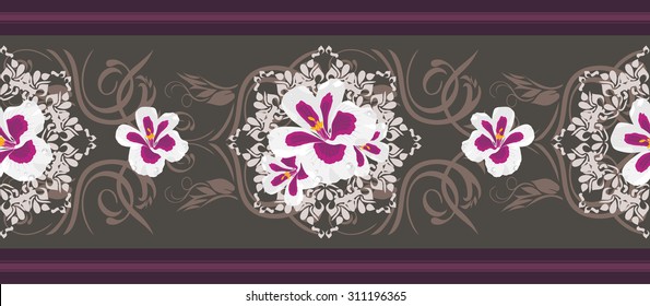 Seamless decorative border with stylized pelargonium flowers. Vector