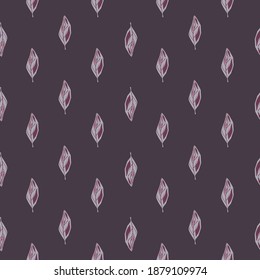 Seamless decorative botanic pattern with abstract little leaf ornament. Purple palette. Flat vector print for textile, fabric, giftwrap, wallpapers. Endless illustration.