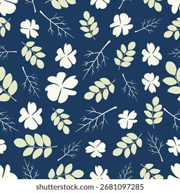 Padrão de folhagem botânica decorativo sem costura com folhas da natureza e elementos florais.