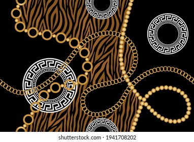 Seamless decorative chains with zebra pattern, greek motif on a black background. EPS10 Illustration.