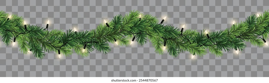 	
Seamless decorative christmas border with lights garland and coniferous branches isolated on dark background	
