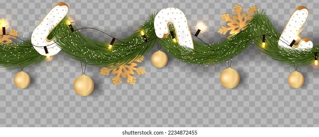 Seamless decorative christmas garland with coniferous branches and glowing light chain. Pine, xmas evergreen plants seamless banner. Vector Christmas tree garland decoration