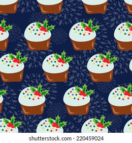 seamless decorative christmas pattern with cupcakes. vector