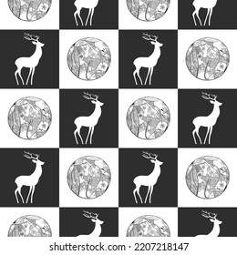 Seamless decorative christmas pattern pattern with deer and christmas ball, checkered, vector vintage fashion style, hand drawn