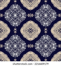 Patrón de Navidad decorativo sin inconvenientes con rosettes ornamentales - mandala sobre fondo azul