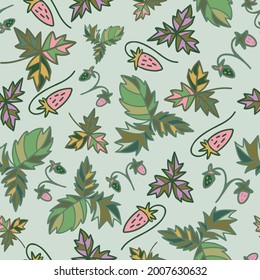 Seamless decorative coloful vector pattern design illustration set of silhouettes of strawberries and leaves. The design is perfect for decorations, textiles, wrapping paper, wallpaper