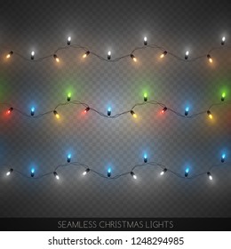 Seamless decorative colorful light bulb garlands set, Christmas decoration, vector illustration 