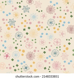 Seamless decorative colorful pattern with cute flower. Print for textile, wallpaper, covers, surface. For fashion fabric. Retro stylization.