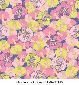 Seamless decorative colorful pattern with cute flower. Print for textile, wallpaper, covers, surface. For fashion fabric. Retro stylization.