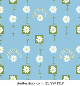 Seamless decorative colorful pattern with daisies and rainbows. Print for textile, wallpaper, covers, surface. Retro stylization. For fashion fabric.