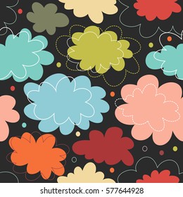 Seamless decorative colorful pattern with fantasy clouds. Childish delicate texture, cute baby background