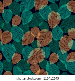 Seamless decorative colorful pattern with transparent leaves. Abstract bright blue and green texture