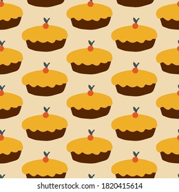 Seamless decorative colorful vector pattern of sweet Thanksgiving pumpkin pie in pastel brown and yellow. The design is perfect for backgrounds, decorations, wrapping paper, textile, advertisements
