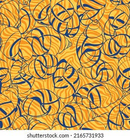 Seamless decorative conch pattern design for print. Freehand sketch drawing style. Abstract curled swirl shapes. Intricate wavy rippled lace maze background for surface, textile, fabric. Shell drawing