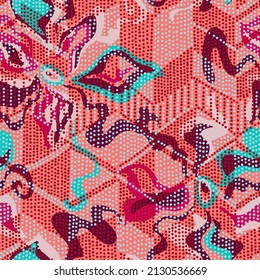 Seamless decorative diamond pattern. Abstract curved lines and circles overlap by dotted rhombuses. Modern geometric dynamic design. High resolution repeatable fashion print. Mixed grid ornaments.