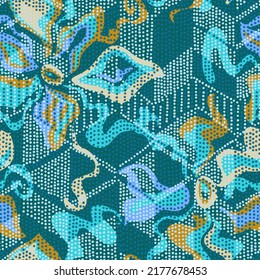 Seamless decorative diamond pattern. Abstract curved lines and circles overlap by dotted rhombuses. Modern geometric dynamic design. High resolution repeatable fashion print. Mixed grid ornaments.