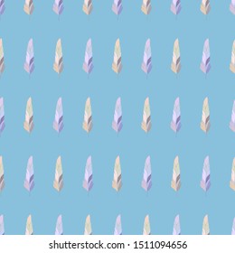 Seamless decorative doodle pattern. Colorful feathers on bright blue background. Suitable for packaging, textile.