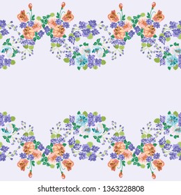 Seamless decorative elegant border with cute flower. Vintage antique watercolor style print for textile, wallpaper, covers, surface. For fashion fabric. Shabby chic plant background