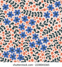 Seamless decorative elegant pattern with blue and red flowers. Print for textile, wallpaper, covers, surface. Retro stylization. For fashion fabric.