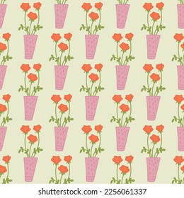 Seamless decorative elegant pattern with bouquets of cute orange flowers in vases. Print for textile, wallpaper, covers, surface. For fashion fabric. Retro stylization.