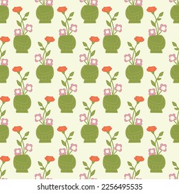 Seamless decorative elegant pattern with bouquets of cute flowers in green vases. Print for textile, wallpaper, covers, surface. Retro stylization. For fashion fabric.