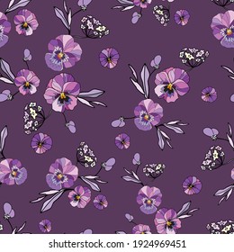 Seamless decorative elegant pattern with cute flower of pansy. Amazing seamless floral pattern on a purple background. Vintage antique watercolor style print for textile, wallpaper, covers, surface