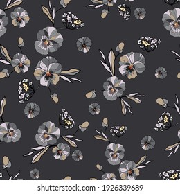 Seamless decorative elegant pattern with cute flower of pansy. Amazing seamless floral pattern on a grey background. Vintage antique watercolor style print for textile, wallpaper, covers, surface