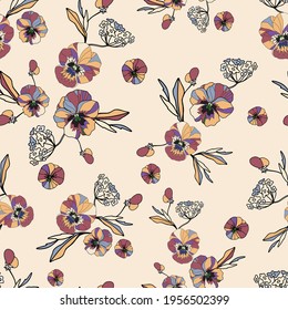 Seamless decorative elegant pattern with cute flower of pansy. Amazing drawn seamless floral pattern on a light background. Vintage antique watercolor vector print.