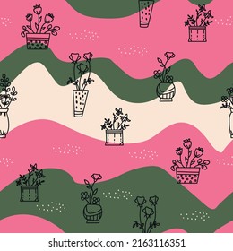 Seamless decorative elegant pattern with cute vases with floral compositions. Print for textile, wallpaper, covers, surface. For fashion fabric.