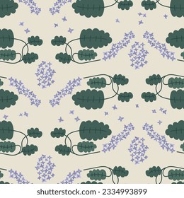 Seamless decorative elegant pattern with cute green branches and purple flowers. Print for textile, wallpaper, covers, surface. Retro stylization. For fashion fabric.