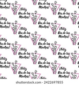 Seamless decorative elegant pattern with lettering. Happy Mother's Day - in Spanish. Print for textile, wallpaper, covers, surface. For fashion fabric. Feliz Dia de la Madre