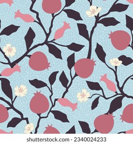 Decoración elegante y sin inconvenientes con arboles granados. Imprimir para textil, papel pintado, cubiertas, superficie. Para tela de moda. Estilización retro.