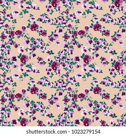 Seamless decorative elegant pattern with small-scale cute flower of viola. Liberty style millefleurs. For textile, wallpaper, covers, surface