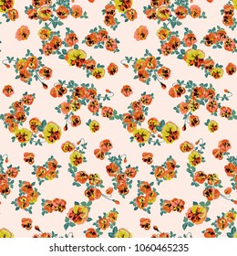 Seamless decorative elegant pattern with small-scale cute orange and yellow flower of viola. Vintage antique watercolor style print for textile, wallpaper, covers, surface