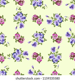 Seamless decorative elegant pattern with small-scale cute flower of viola. Vintage antique watercolor style print for textile, wallpaper, covers, surface