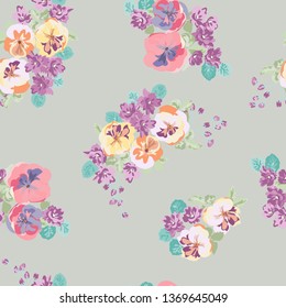 Seamless decorative elegant pattern with small-scale cute flower of viola. Vintage antique watercolor style print for textile, wallpaper, covers, surface