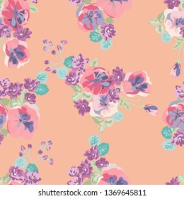 Seamless decorative elegant pattern with small-scale cute flower of viola. Vintage antique watercolor style print for textile, wallpaper, covers, surface