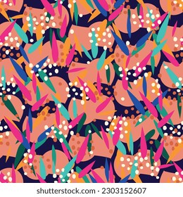 Seamless decorative elegant pattern with vivid blooms. A combination of geometric shapes and chaotic bright elements. Print for textile, wallpaper, covers, surface. Retro stylization. 