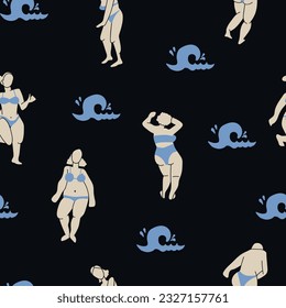 Patrón elegante y decorativo impecable con mujeres vestidas con traje de baño. Imprimir para textil, papel pintado, cubiertas, superficie. Para tela de moda. Estilización retro. Concepto positivo corporal