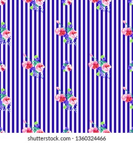 Seamless decorative elegant striped pattern with small-scale cute flower of viola. Vintage antique watercolor style print for textile, wallpaper, covers, surface