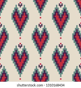 Seamless decorative ethnic pattern, pixel art style. 8 bit. Hearts. Designs for fabric and printing. 