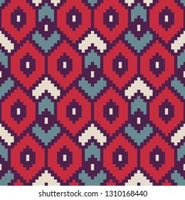 Seamless decorative ethnic pattern, pixel art style. 8 bit. Designs for fabric and printing. 