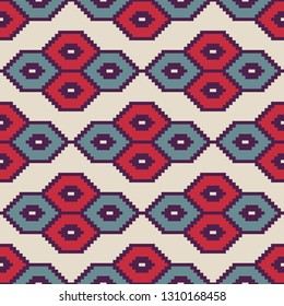Seamless decorative ethnic pattern, pixel art style. 8 bit. Designs for fabric and printing. 
