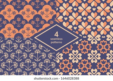 Seamless decorative floral and hearts patterns