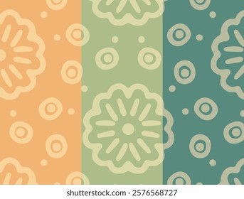 A seamless decorative floral pattern with abstract flower shapes and dotted accents in orange, green, and teal tones. Perfect for textiles, wallpapers, and modern design projects.