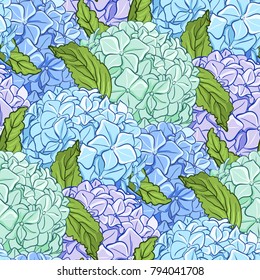 Seamless decorative floral pattern with beautiful hydrangea flowers