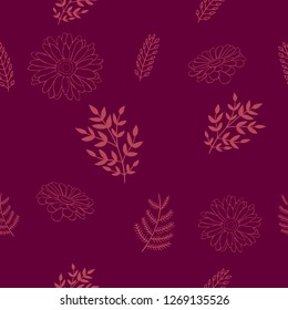 Seamless decorative floral pattern with orange lined brunches and flowers on a dark violet background