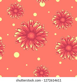 Seamless decorative floral pattern with orange flowers with yellow dots on orange background 