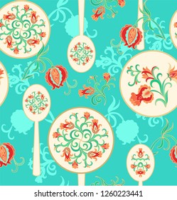 Seamless decorative floral pattern with ornamental  pometranate flowers, fruits on turquoise background