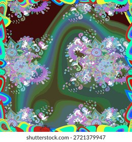 Seamless decorative floral pattern with ornamental arches, flowers and leaves on green background. Elegant artistic vector design inspired by nature and boho style, perfect for textile, fabric